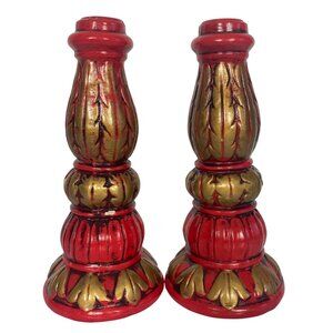 Vintage Ornate Red Gold HandPainted Candlestick Holders Japan Festive Christmas